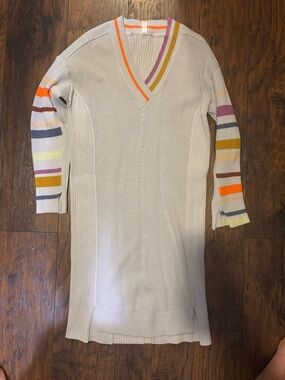 Cream V-Neck Stripe-Sleeve Sweater Dress